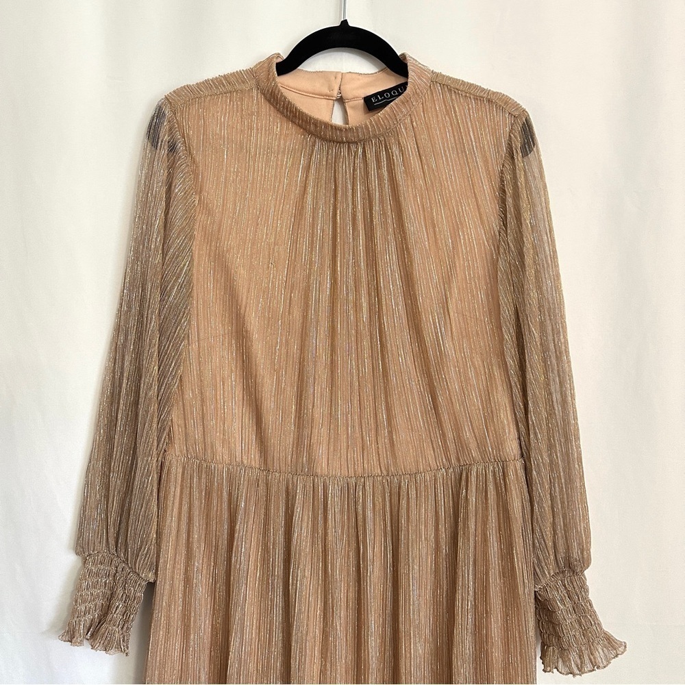 Eloquii Rose Gold Shimmer Pleated Midi Dress Size 14 Holiday Wedding Guest - Picture 6 of 16
